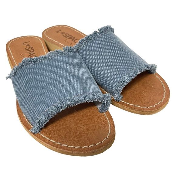 L*SPACE Cocobelle Sun Denim Fringe Slide Sandals 6 - Picture 9 of 9